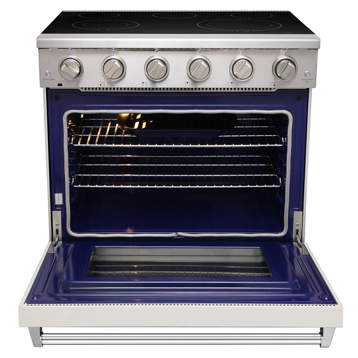 White electric range with open blue convection oven door and wire racks inside