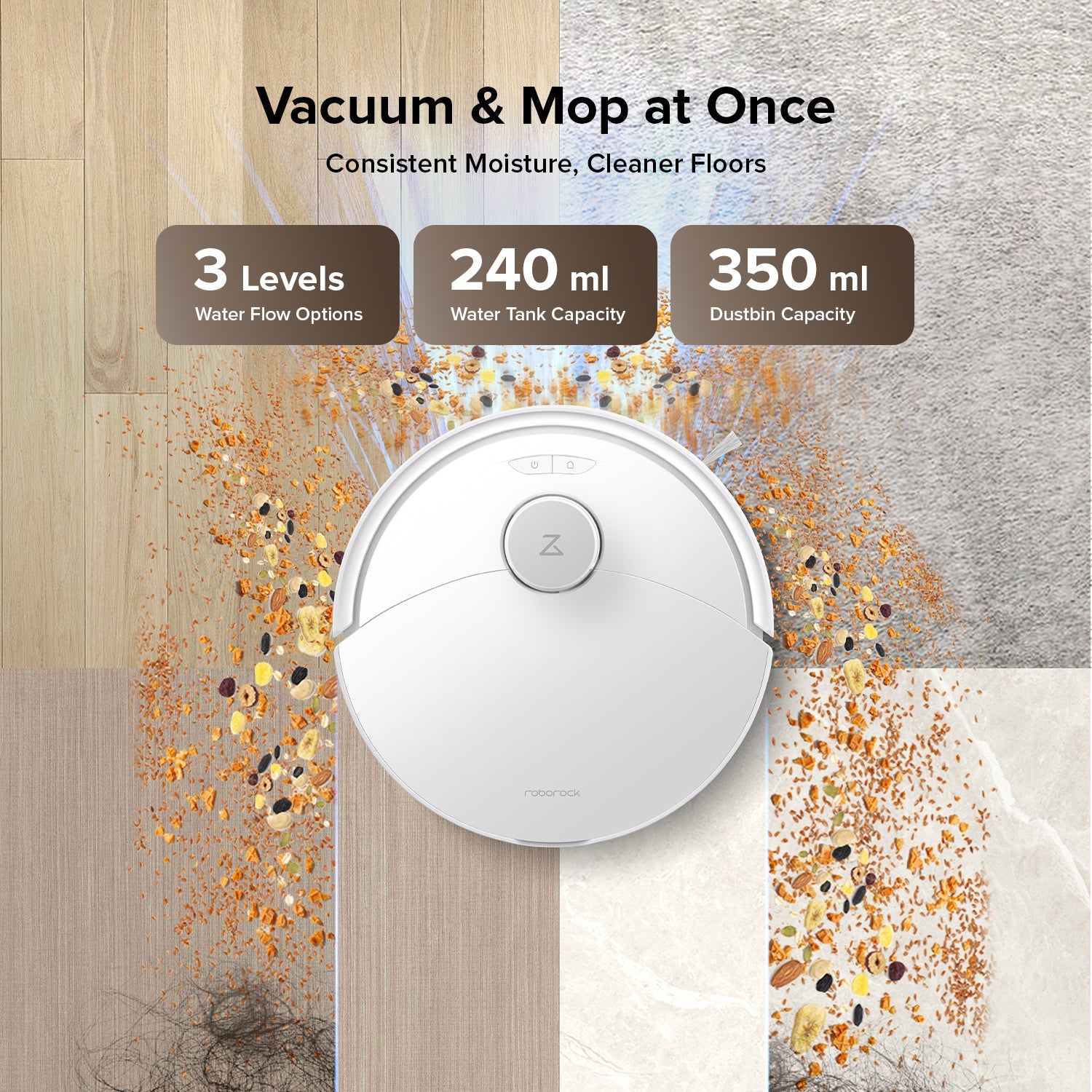 White robot vacuum and mop on tiled floor with water spray for mopping