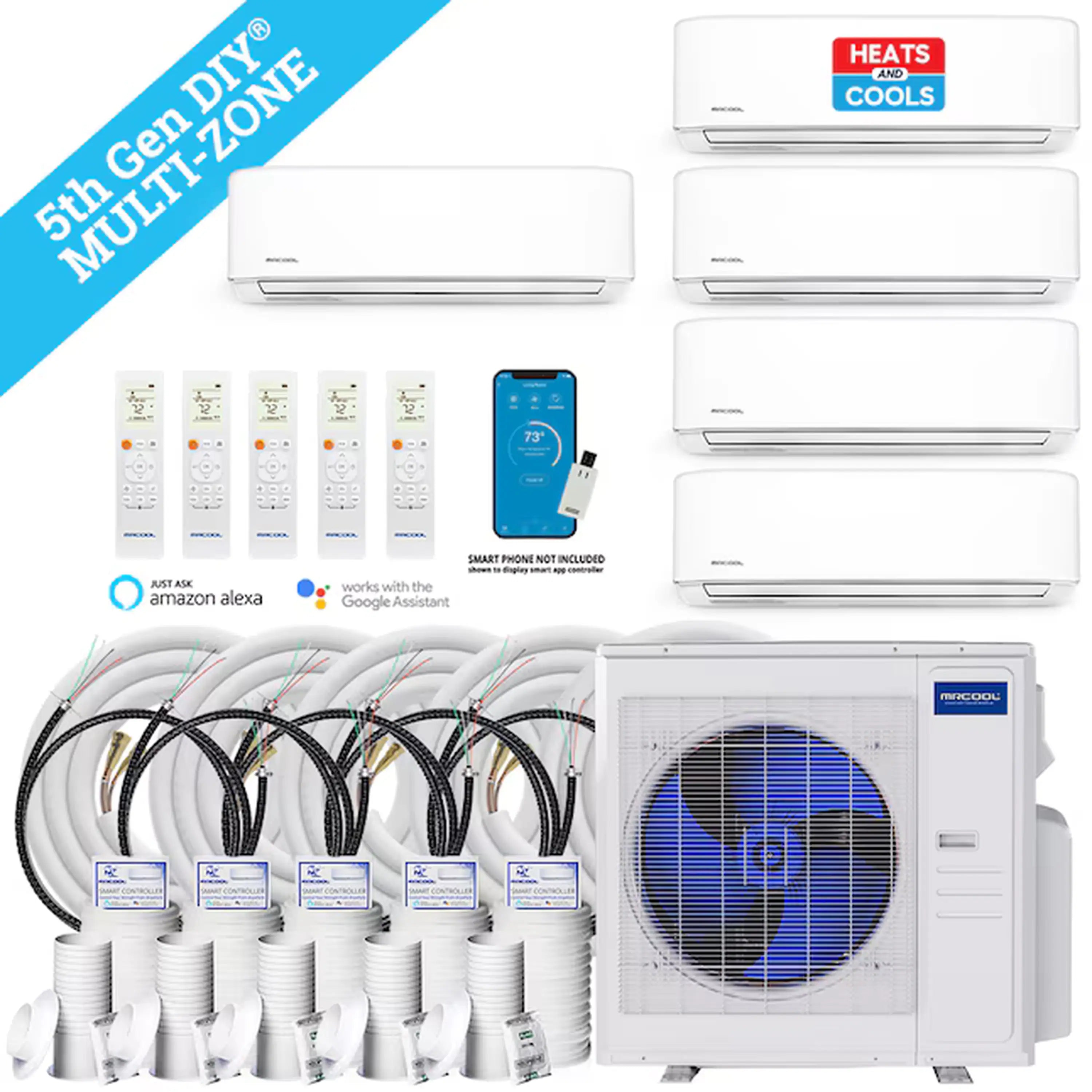 MRCOOL 5-zone DIY ductless mini split kit with multiple white wall-mounted indoor units and outdoor unit