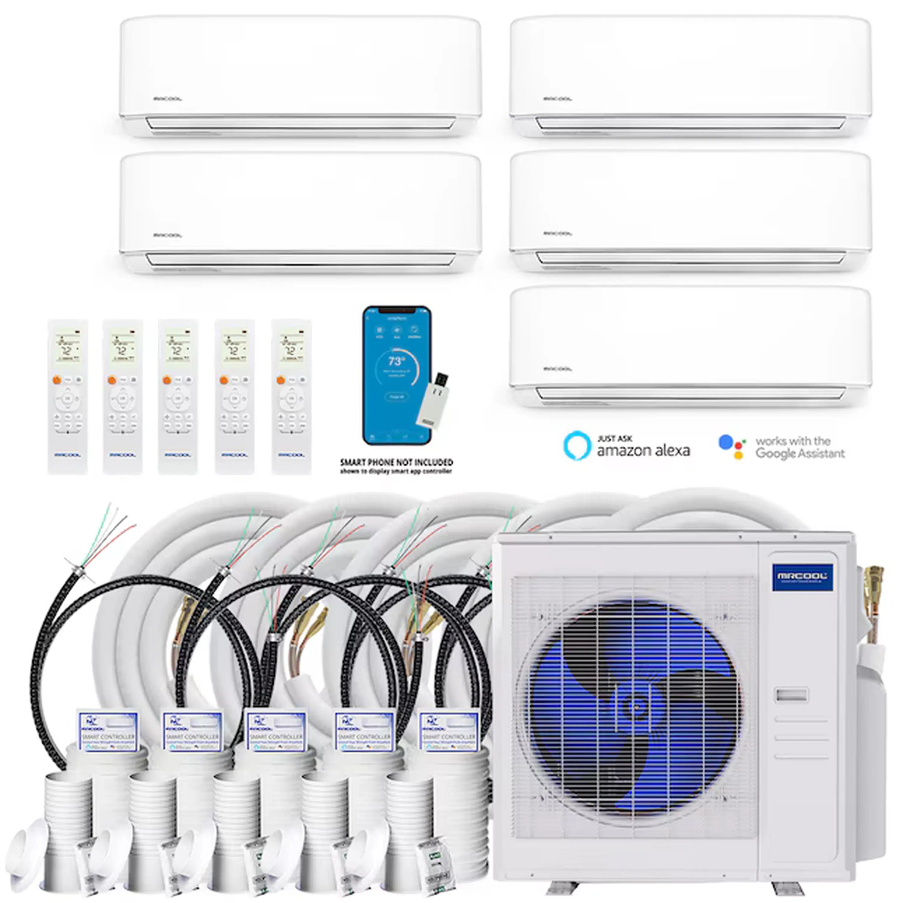 Ductless mini split heat pump kit with white indoor wall units, remote, and outdoor unit