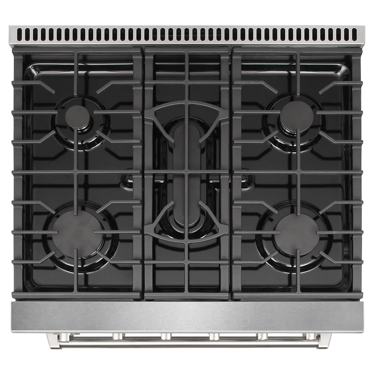 White propane gas range cooktop with five black burner grates and control panel.