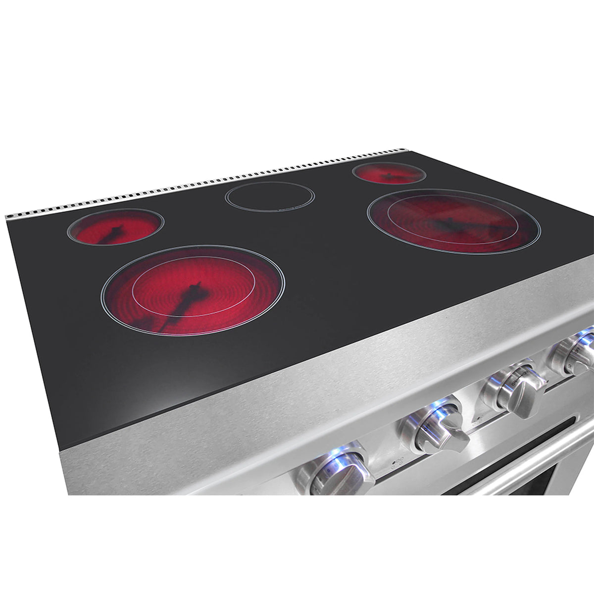 Stainless electric range cooktop with four red-lit electric burners and front control knobs