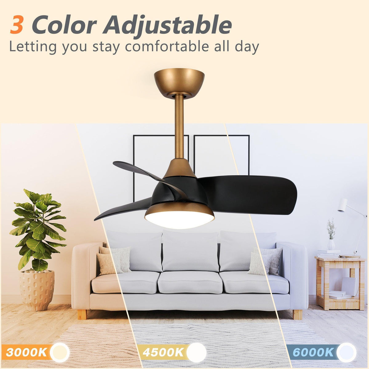 Ceiling fan with black blades and LED light with adjustable color temperature