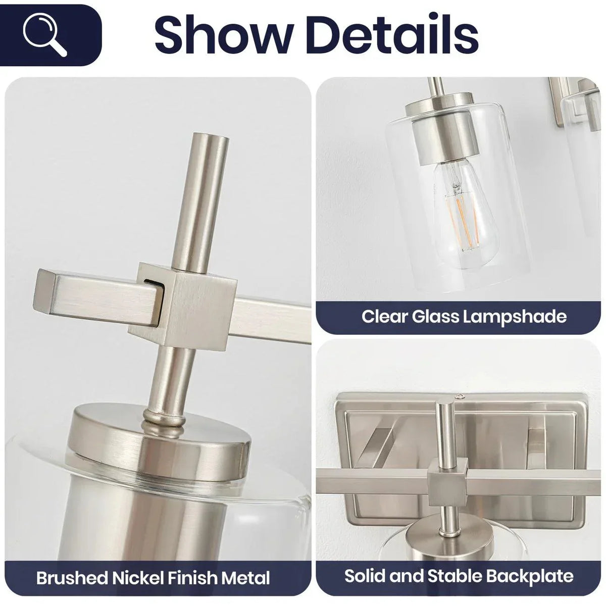 Brushed nickel vanity light details: clear glass lamp shades and stable backplate