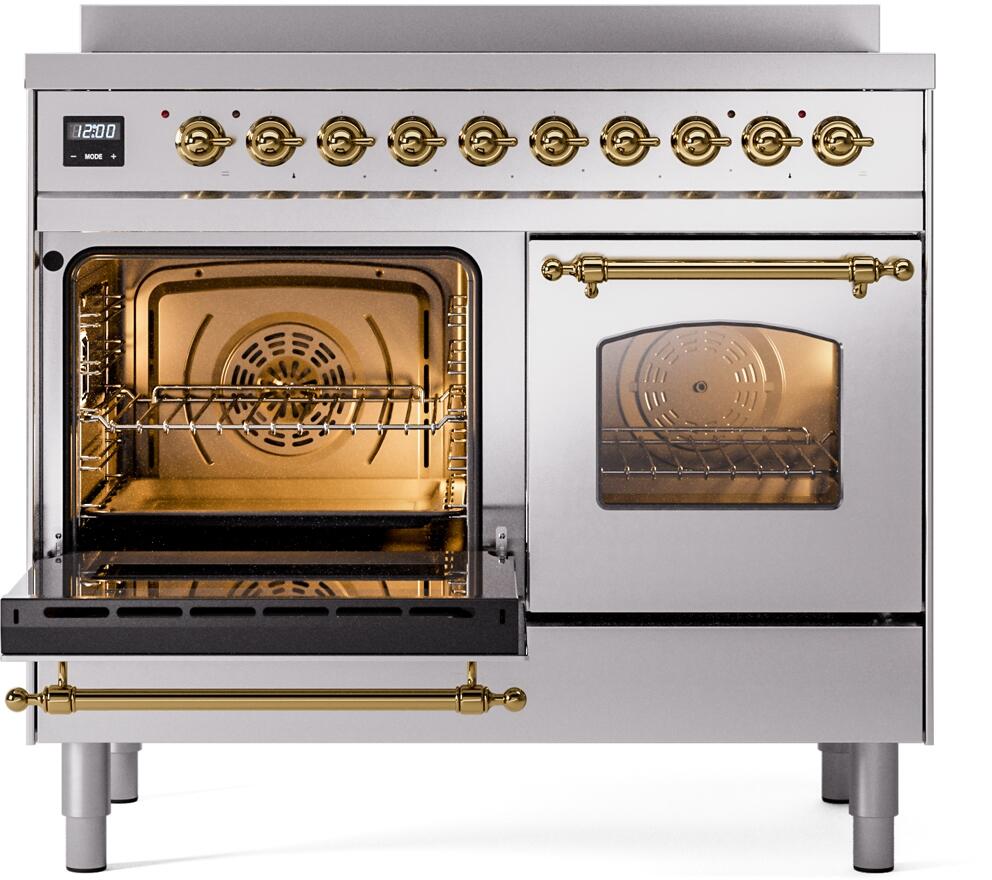 Induction range with left oven open showing racks and right oven window, front view