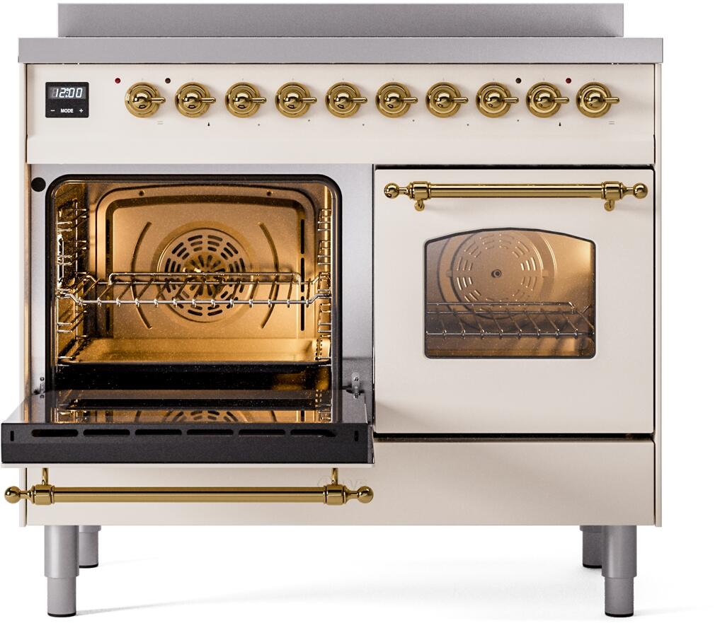 Freestanding electric induction range with open oven door and brass rail handle