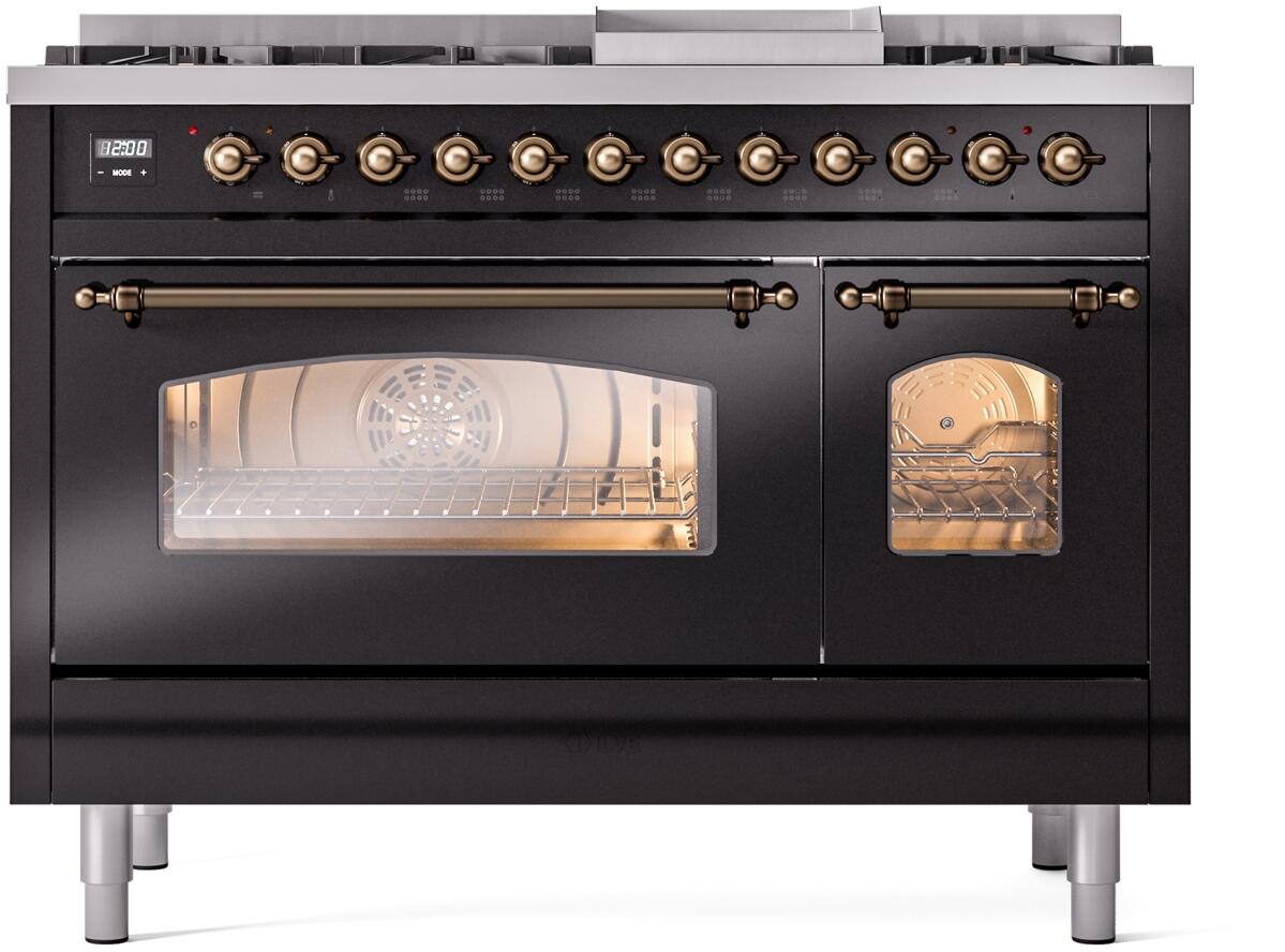 Glossy black freestanding dual fuel range with bronze-trim control panel and oven doors ajar