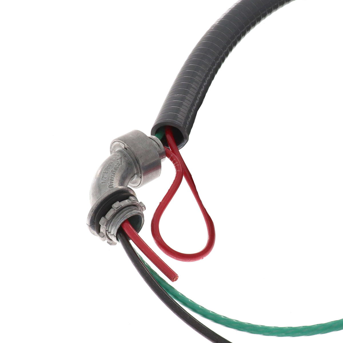 Metallic electrical whip with gray end fitting and green, red, black #10 wires