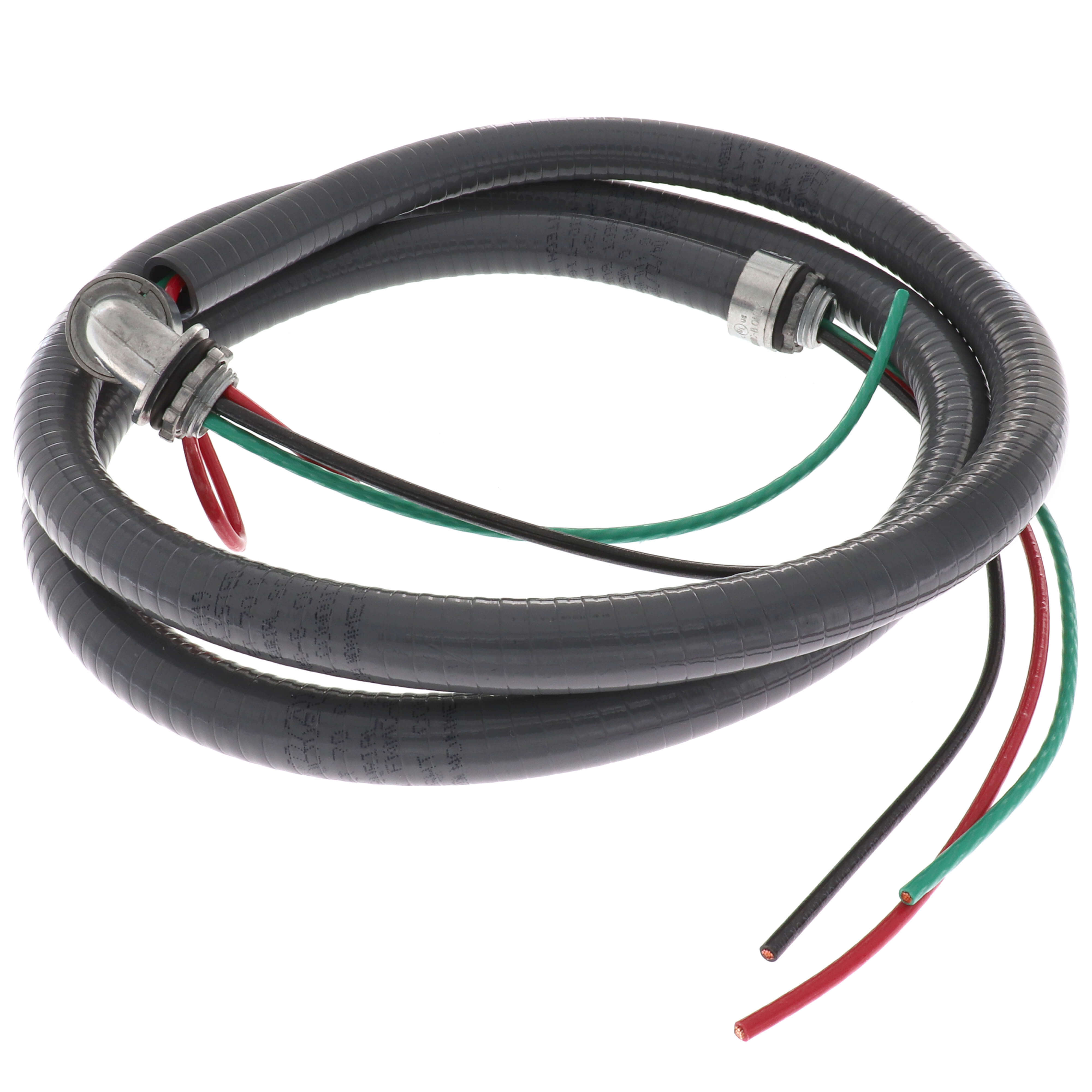 Coiled metallic electrical whip with black corrugated sleeve and green, red, black #10 wires