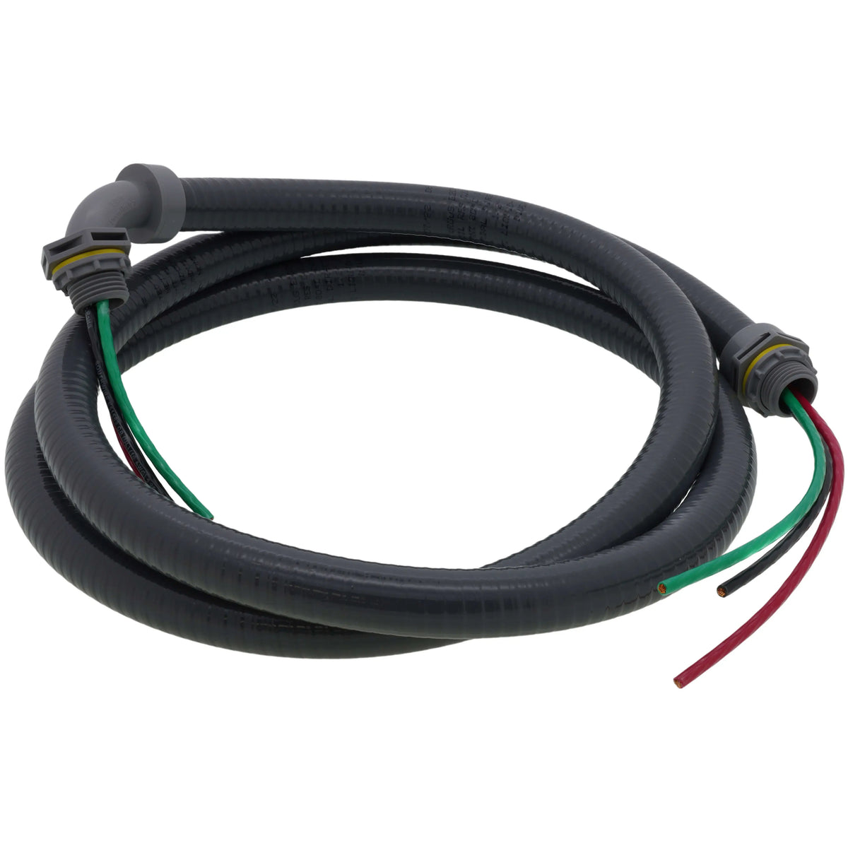 Non-metallic electrical whip cable with gray outer jacket and three wire leads