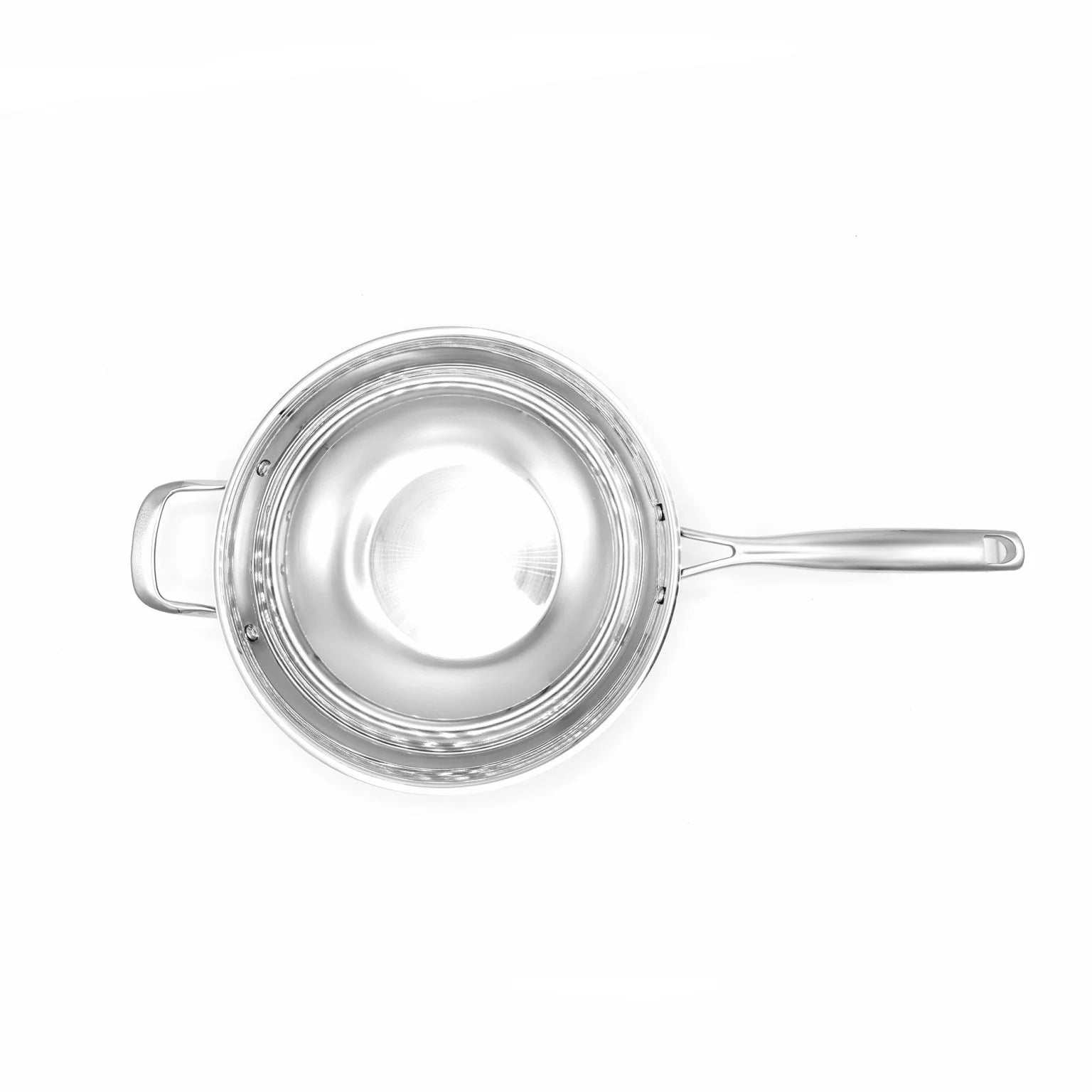 Stainless steel wok with fitted lid and long side handle, top view