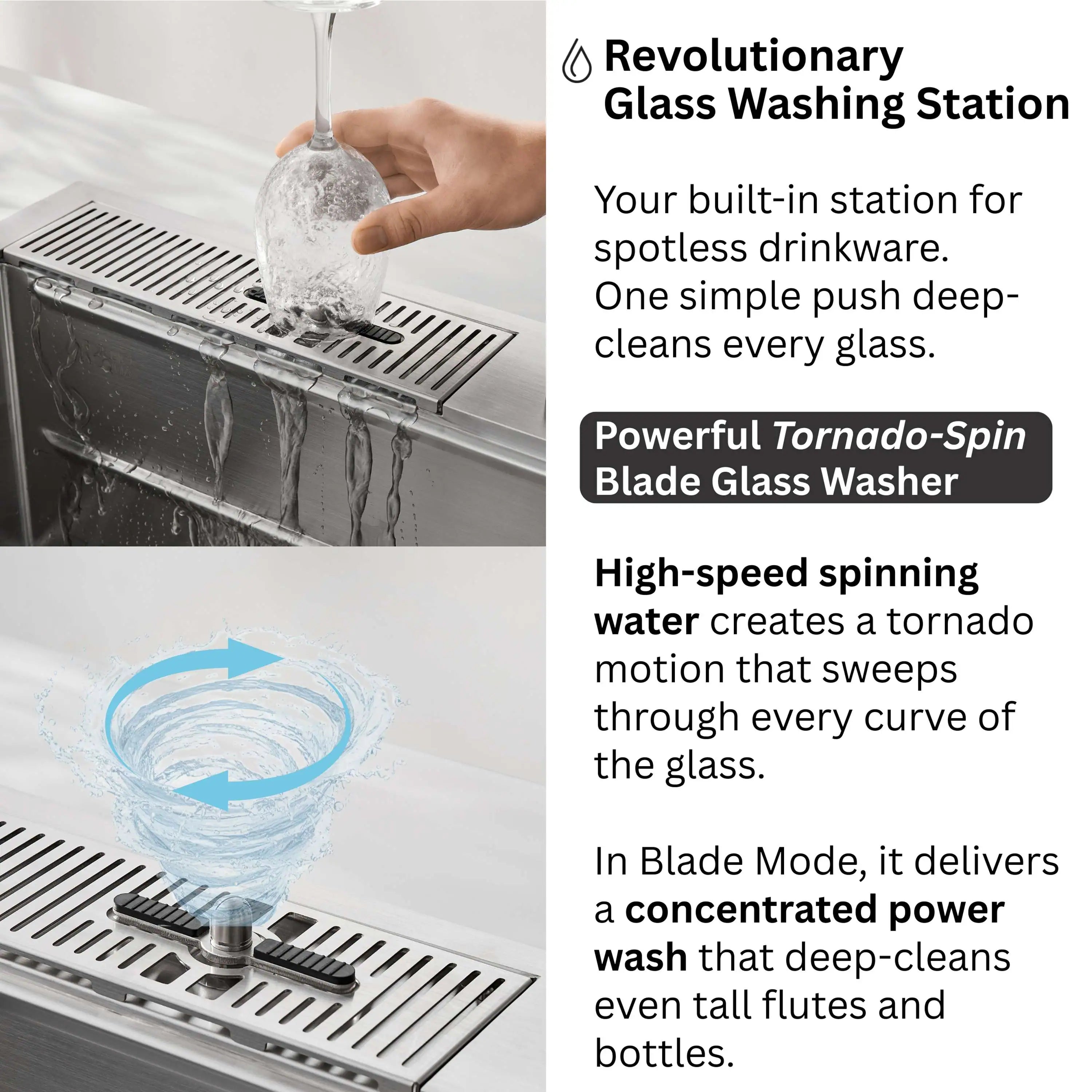 Stainless steel workstation sink with waterfall faucet and glass rinsing station, ridged grate