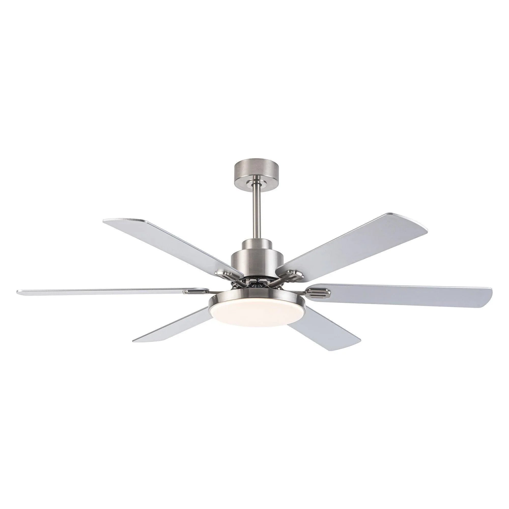Satin nickel ceiling fan with five blades and a white light shade