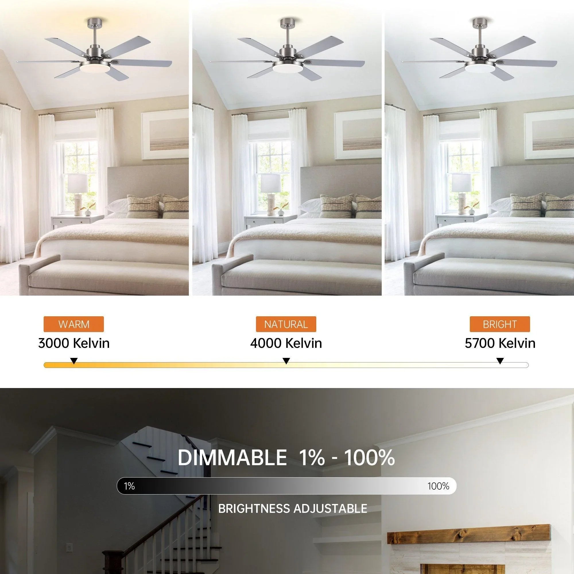 Satin nickel ceiling fan with five blades and integrated dimmable light