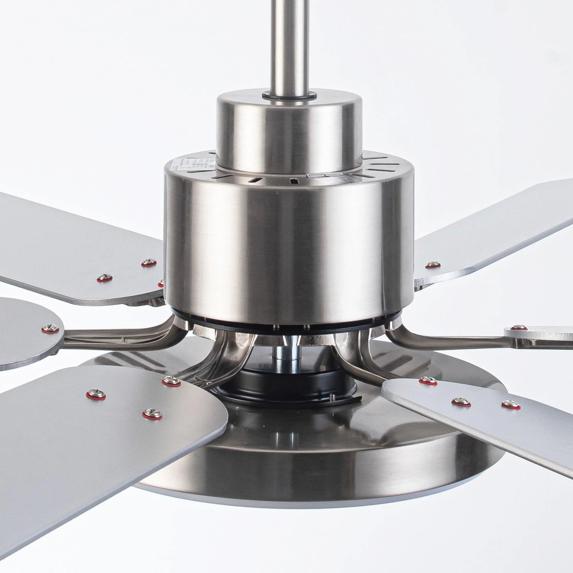 Satin nickel ceiling fan canopy and motor with five angled blades