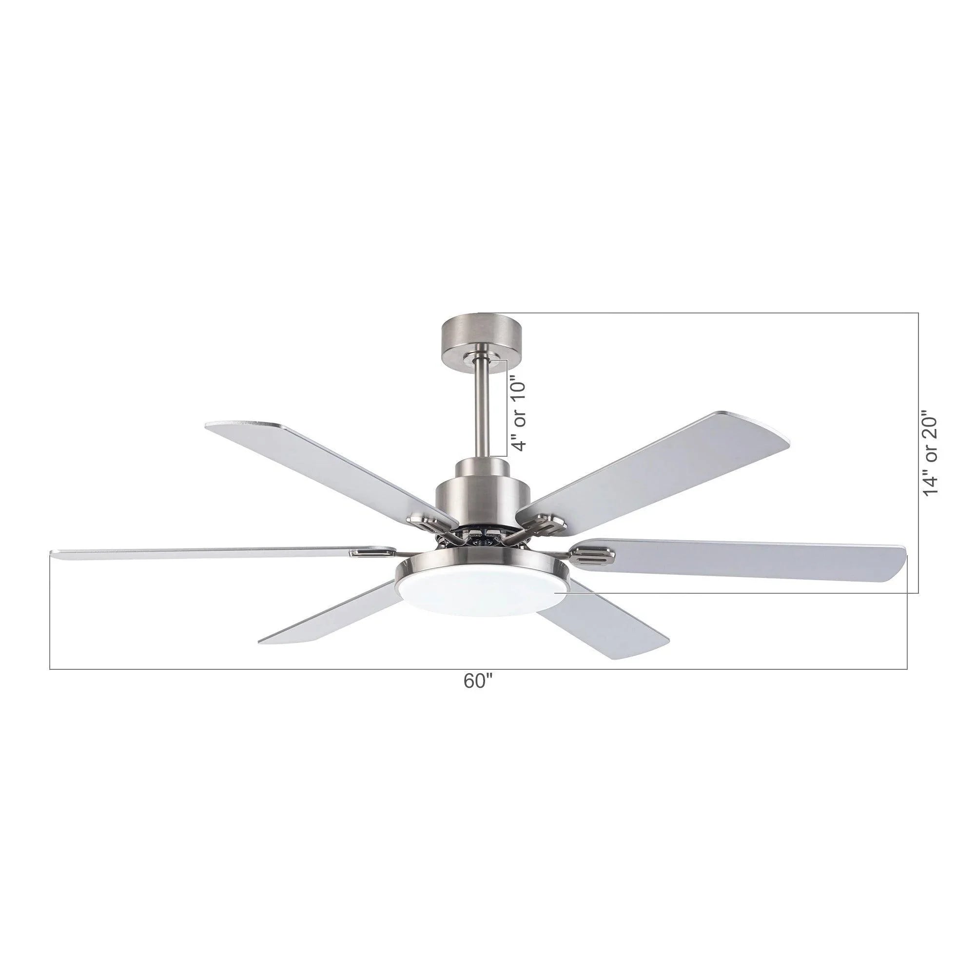 Satin nickel ceiling fan with integrated light, five blades, 60 in size