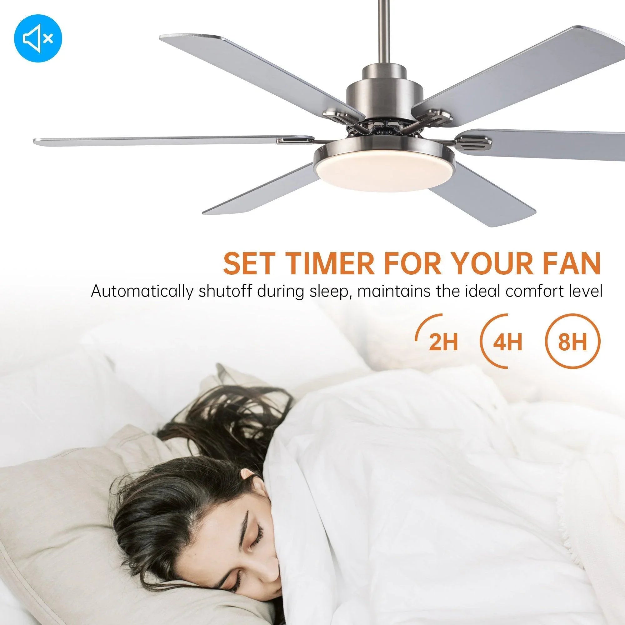 Satin nickel ceiling fan with five blades and integrated round light