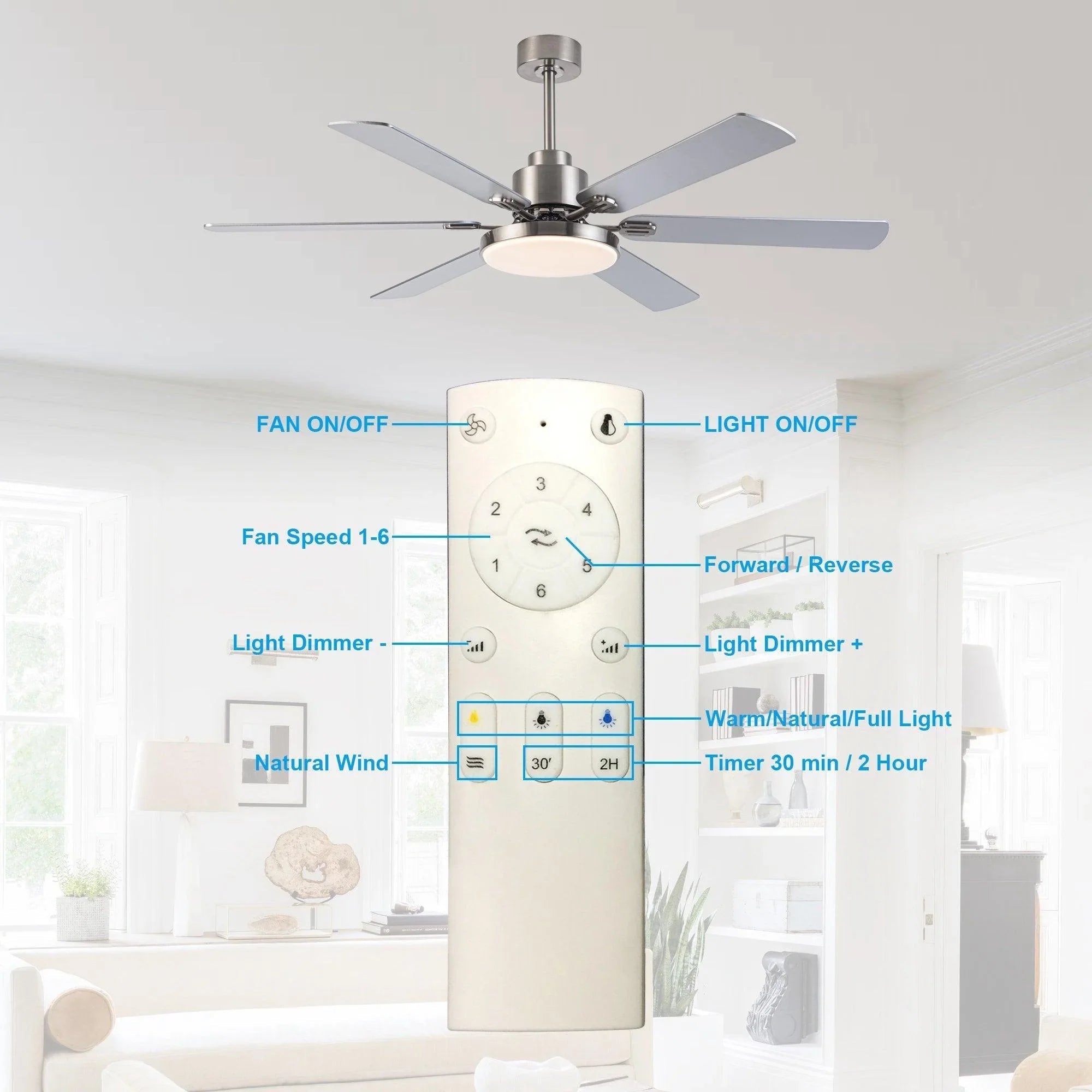 Satin nickel ceiling fan with five blades and integrated light fixture