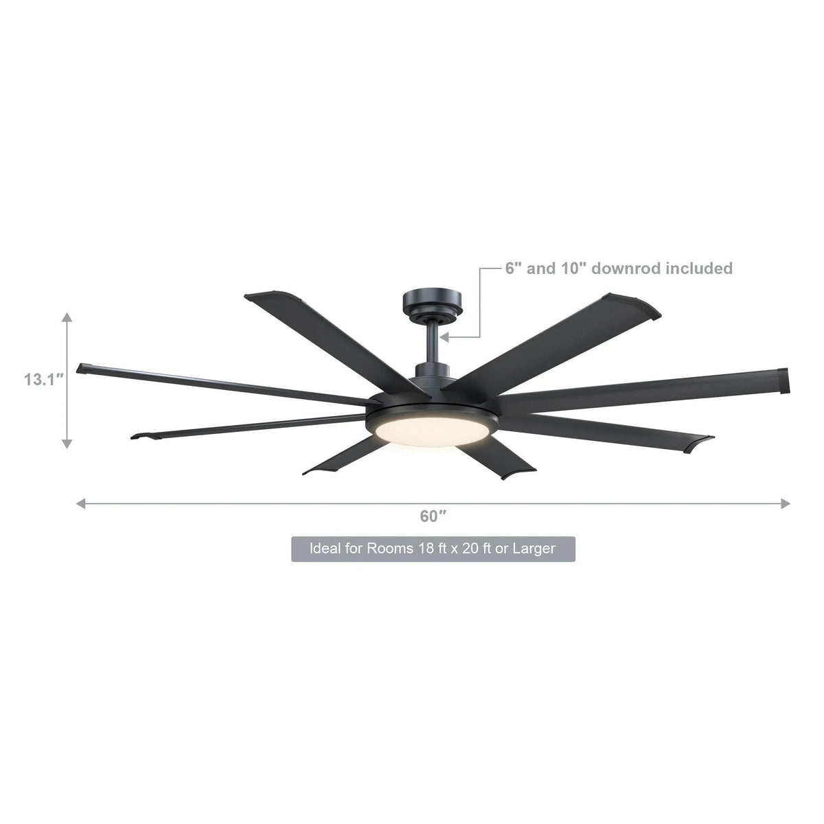Black ceiling fan with integrated LED light, diagram showing downrods and 60-inch span