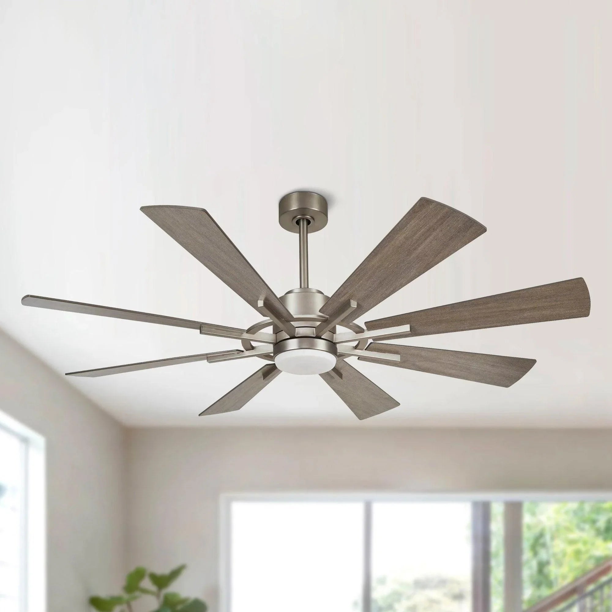 60-inch ceiling fan with gray wood blades and LED light on a white ceiling