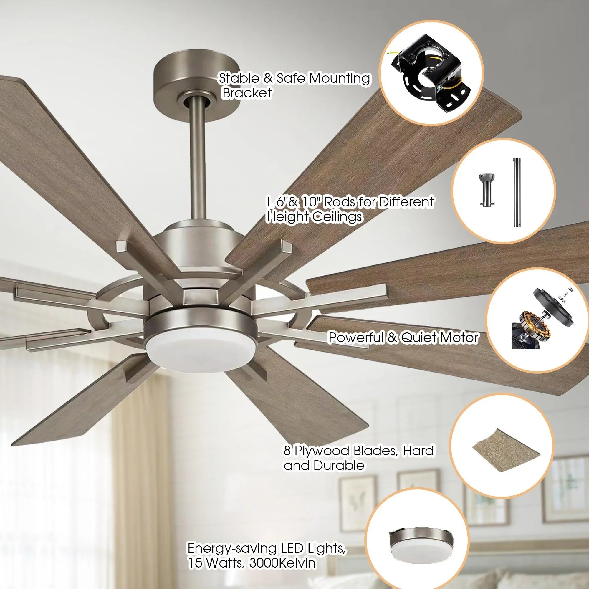 60-inch windmill ceiling fan with LED light, dark bronze housing and five wood blades