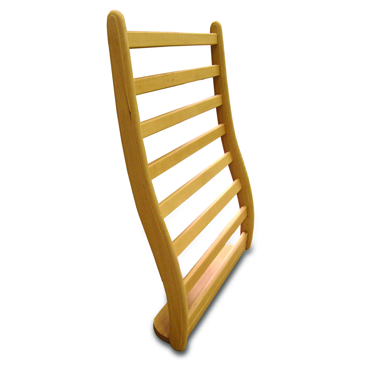 Light wood sauna backrest with lumbar support, arched frame and horizontal slats