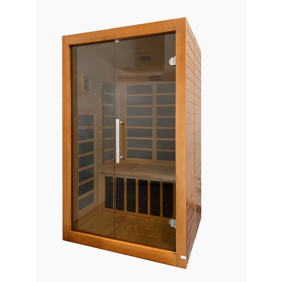 Freestanding wood infrared sauna with clear glass door and metal handle.
