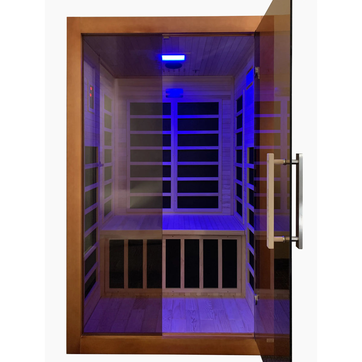 Infrared sauna interior with blue LED accent lights and glass-paneled walls.