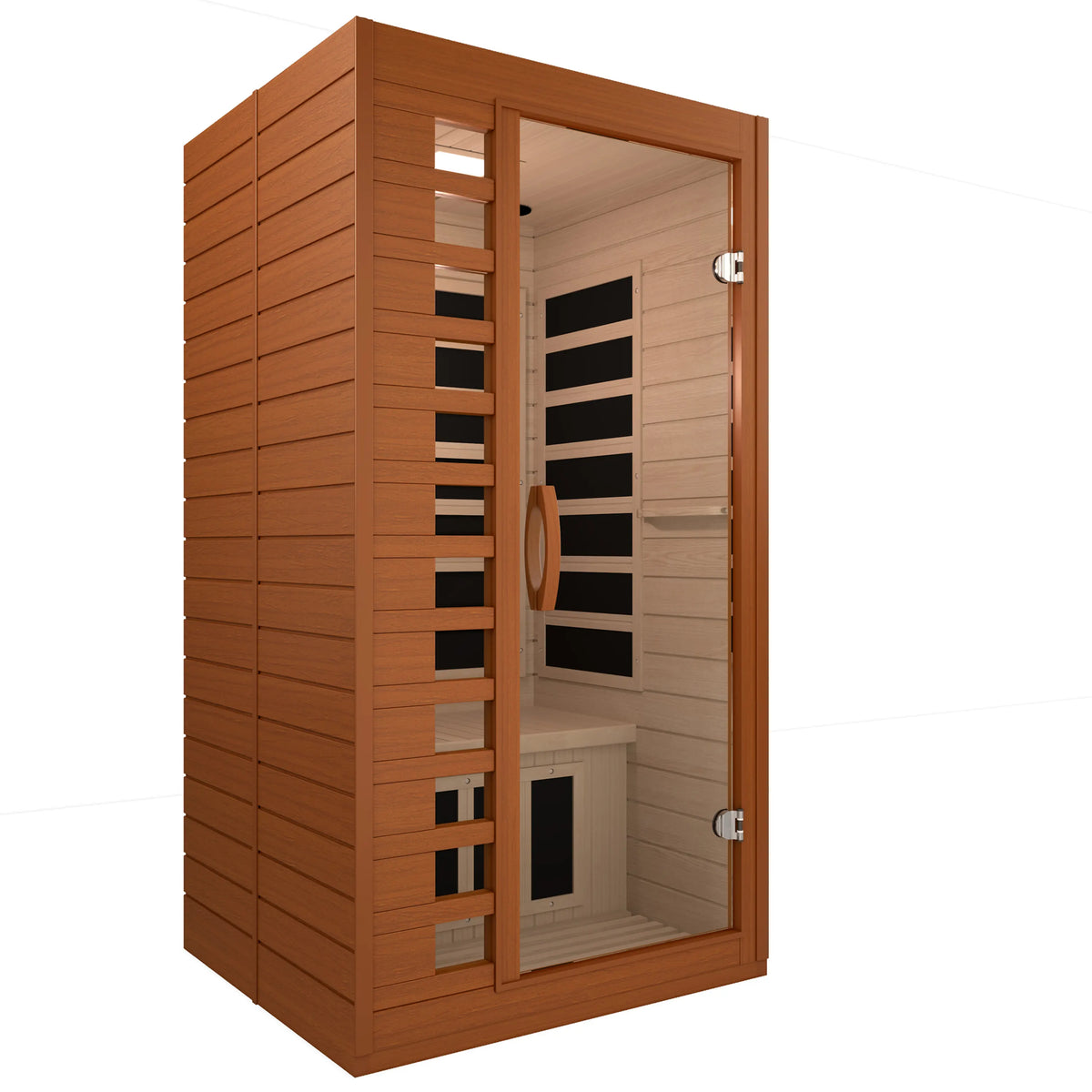 Wooden one-person infrared sauna with open glass door and control panel