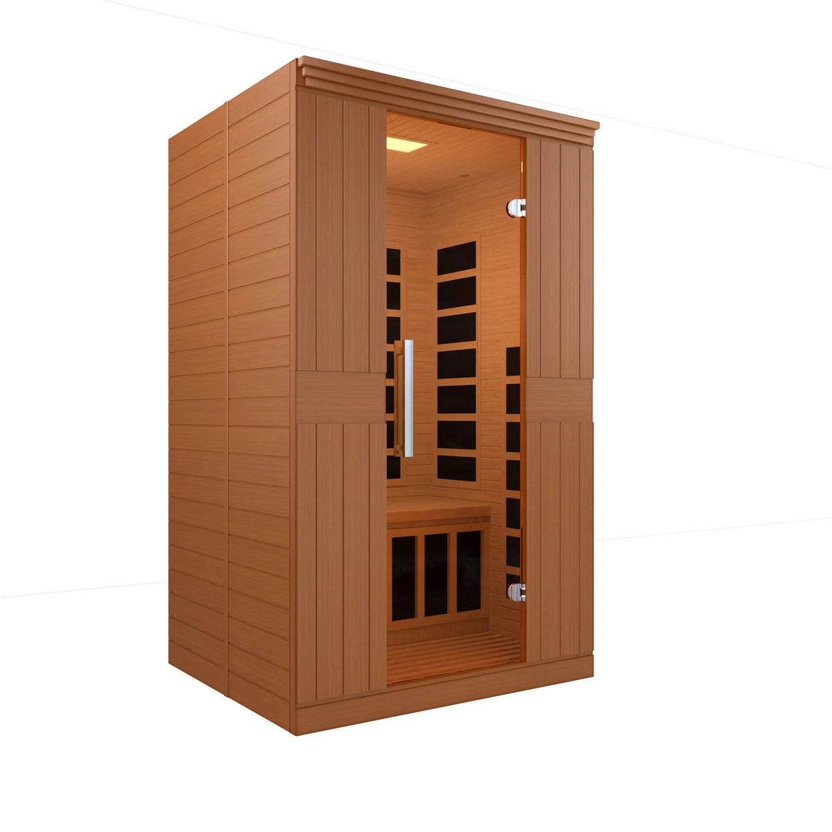 Two-person infrared sauna wooden cabin with glass door and illuminated interior