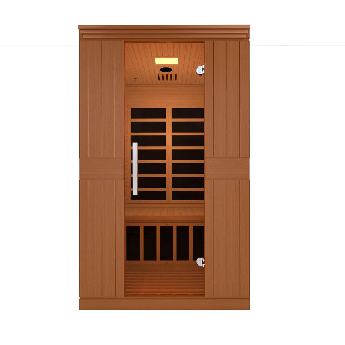 Front view of two-person infrared sauna wooden cabin with glass door and backrests