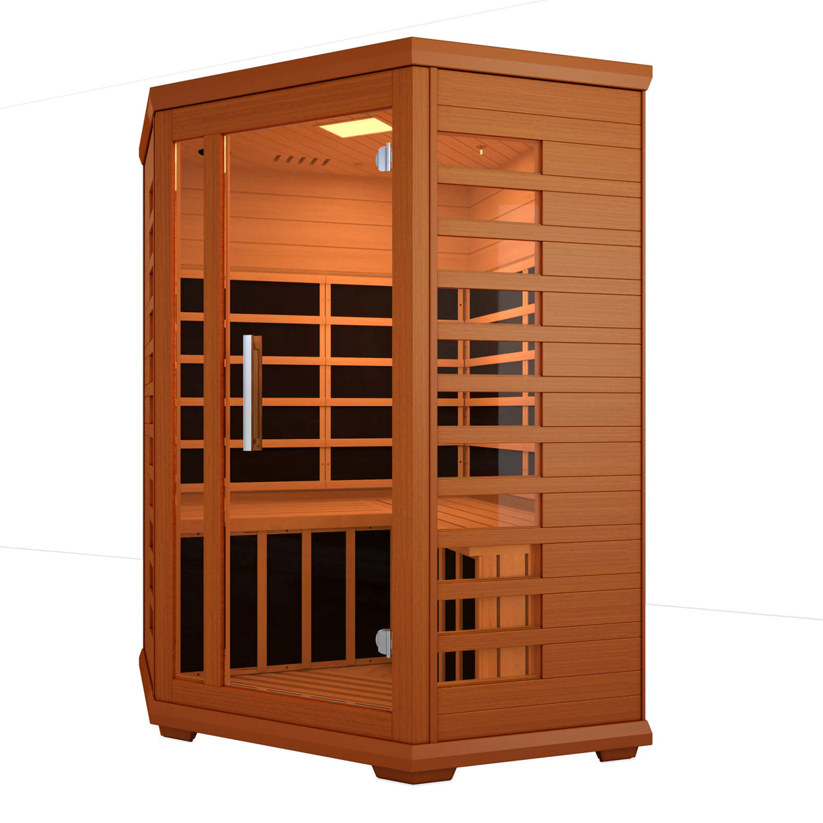 Wood two-person infrared sauna, glass door with wooden benches and front heater