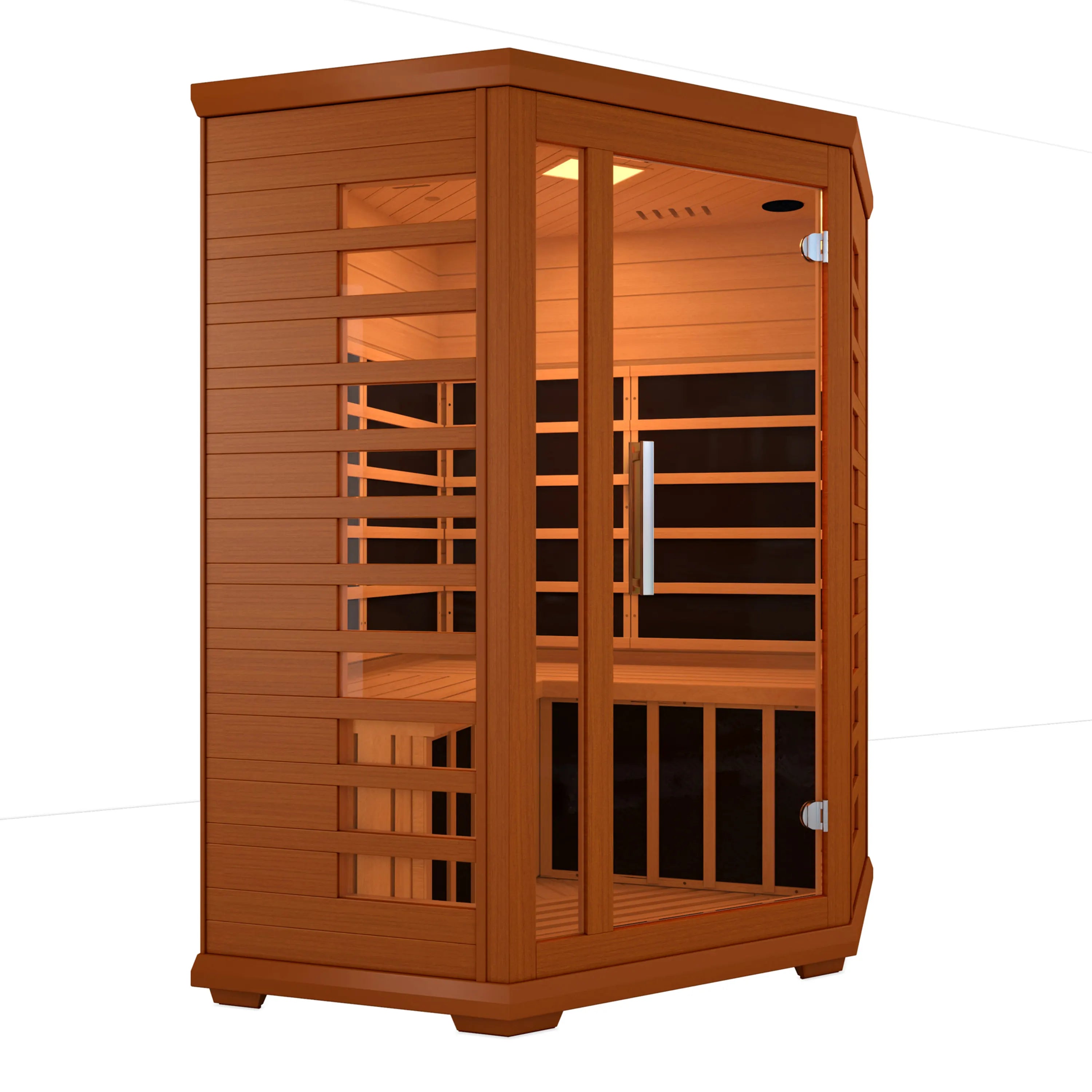Wood two-person infrared sauna, open door view with wooden benches and side heater