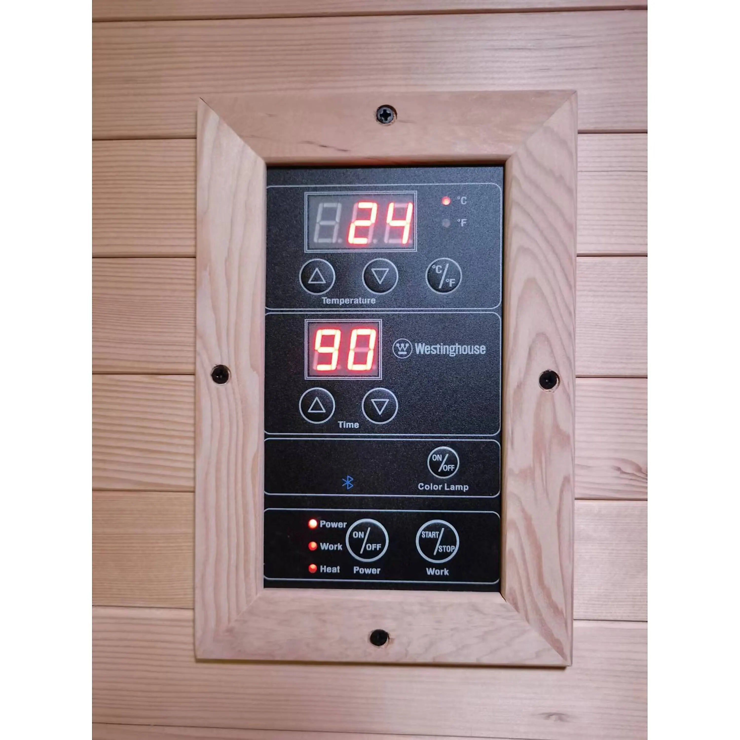 Infrared sauna control panel with digital display and Westinghouse brand