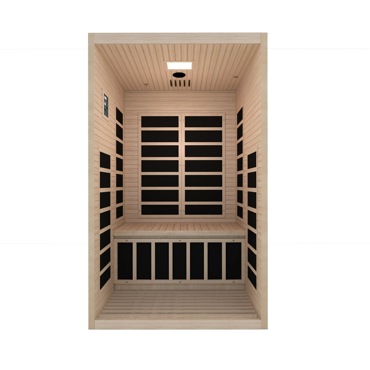Light wood infrared sauna interior with bench base and black heater panel