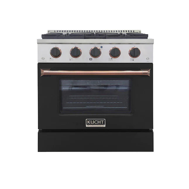 Kucht 30-inch dual fuel range with stainless body, black oven door, and rose-gold knobs