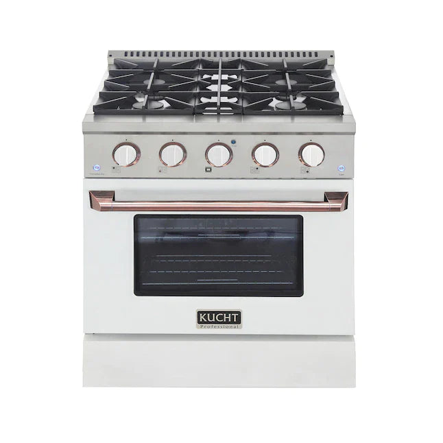 White oven range with rose-gold handle, dark glass window, and five control knobs