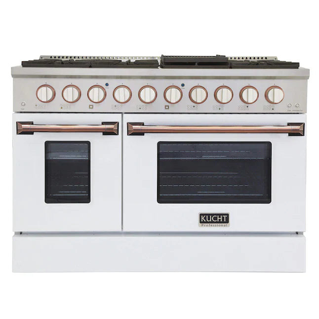 Pro-style dual fuel range with two ovens, stainless body and white oven doors