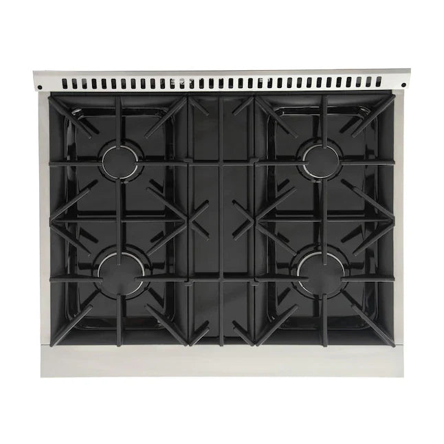 White cooktop with four black gas burners and cast-iron grates