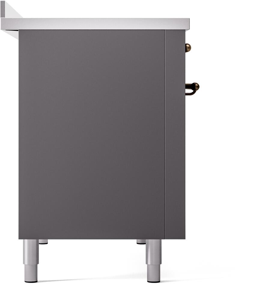 Matte graphite side panel of freestanding range with bronze hinge and leveling legs