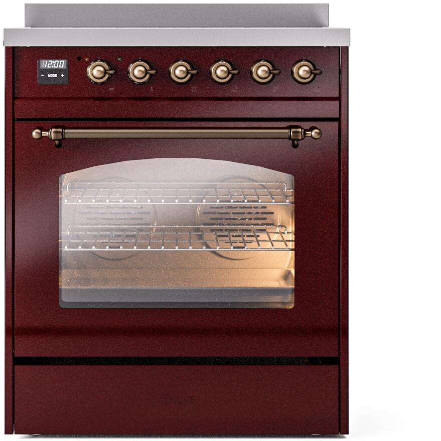Burgundy electric induction range with bronze-trim knobs and oven door window