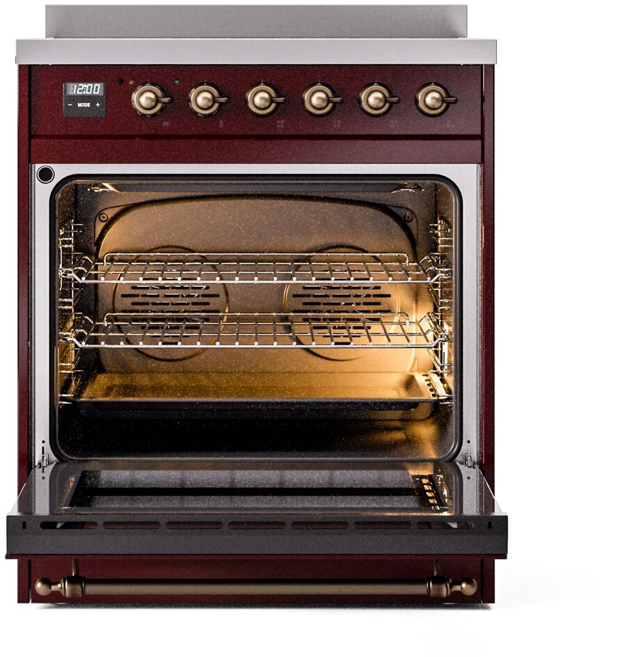 Burgundy electric induction range with oven door open showing interior racks and heating element