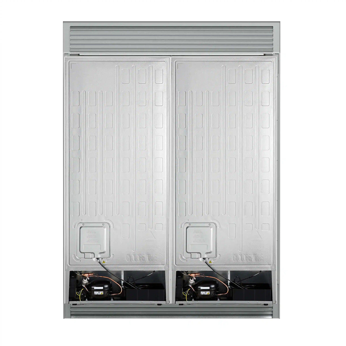 Built-in refrigerator lower service area with wiring and fan housings under grille