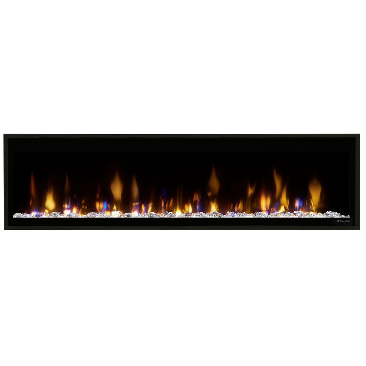 Linear electric fireplace with black frame and orange flames with blue accents