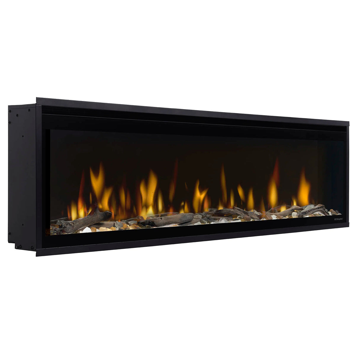 Linear electric fireplace with black frame and orange flame effect with faux embers