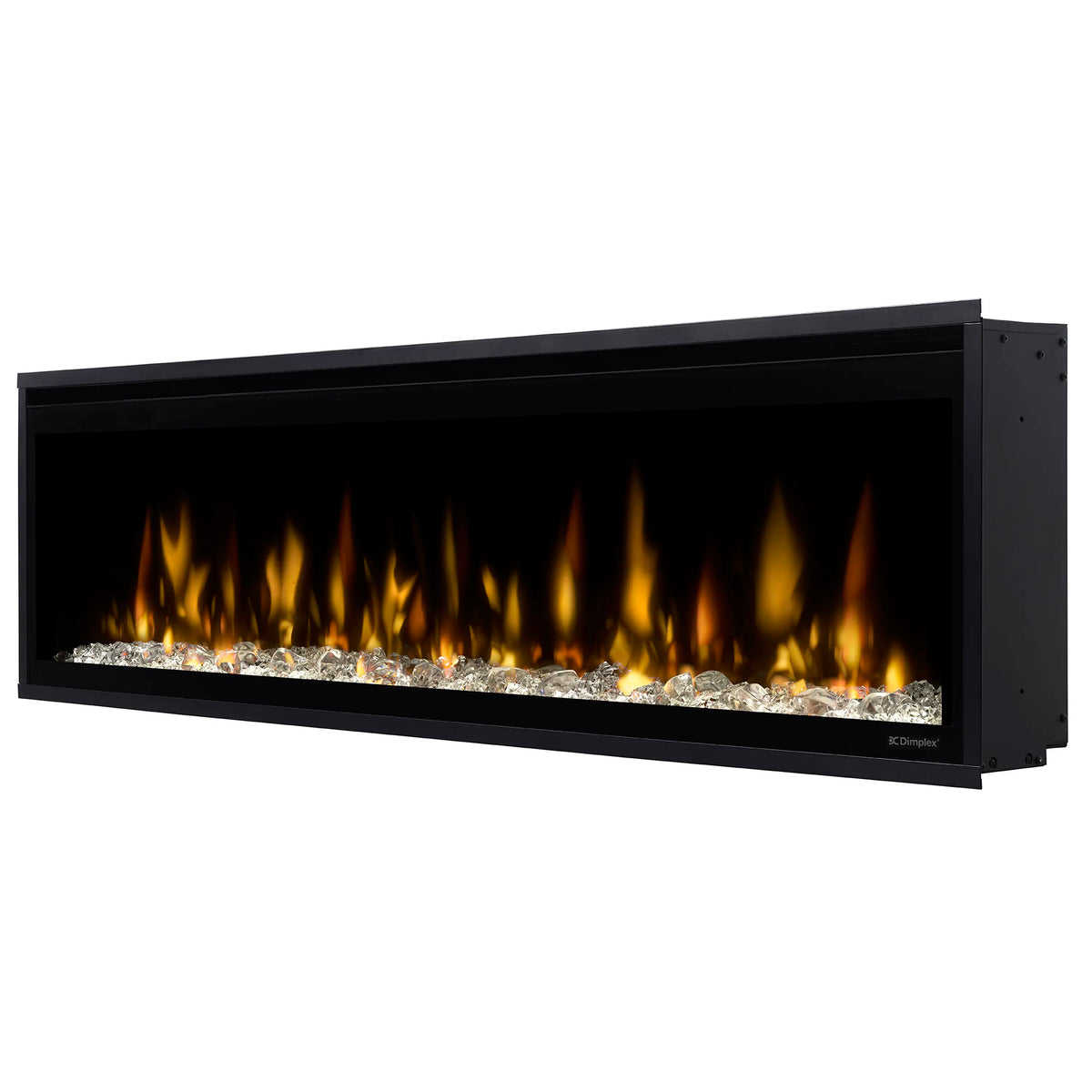 Built-in linear electric fireplace with black frame and orange flame effect