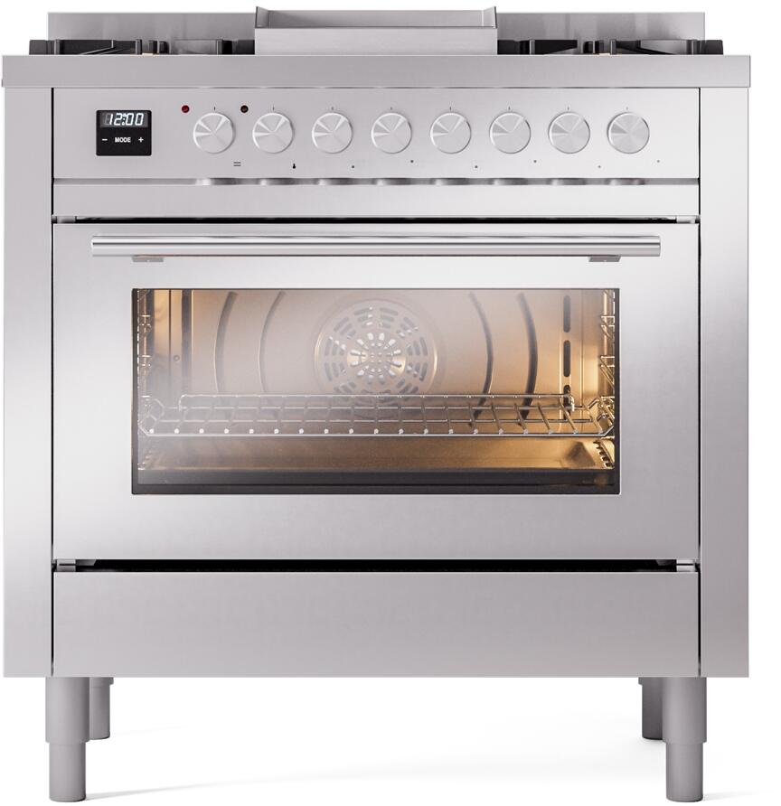 Stainless steel freestanding gas range with oven door open and interior racks visible