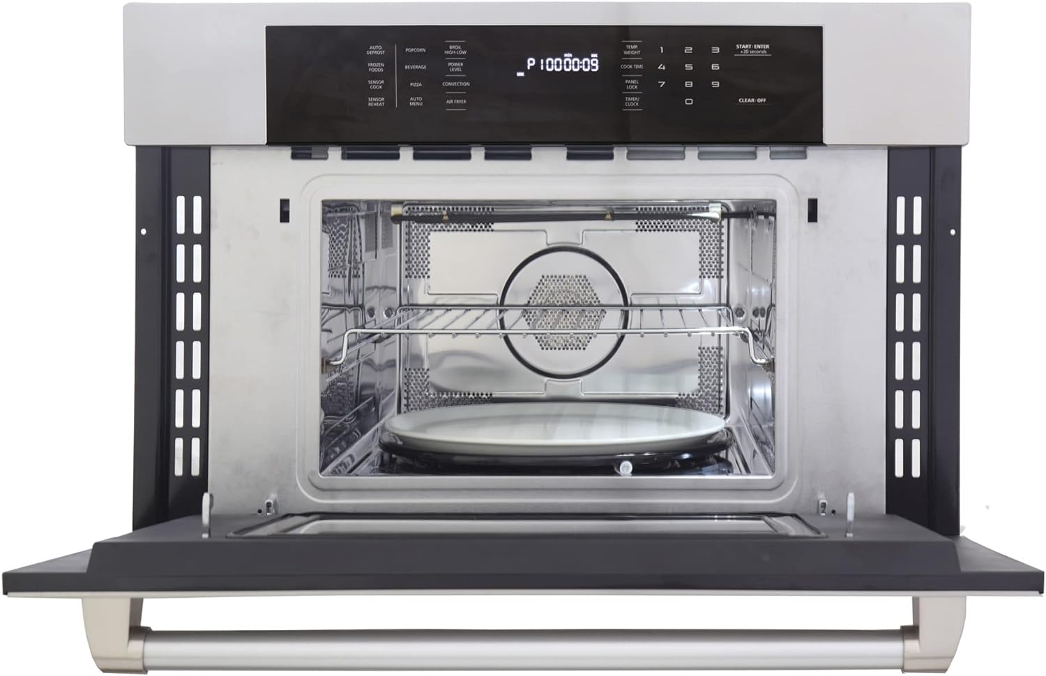 Built-in microwave wall oven with open door, visible interior cavity and wire rack