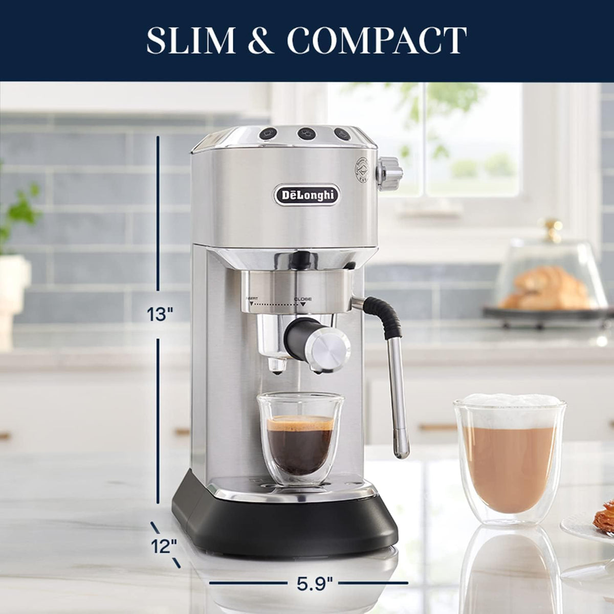 Stainless compact espresso machine shown with size measurement markings
