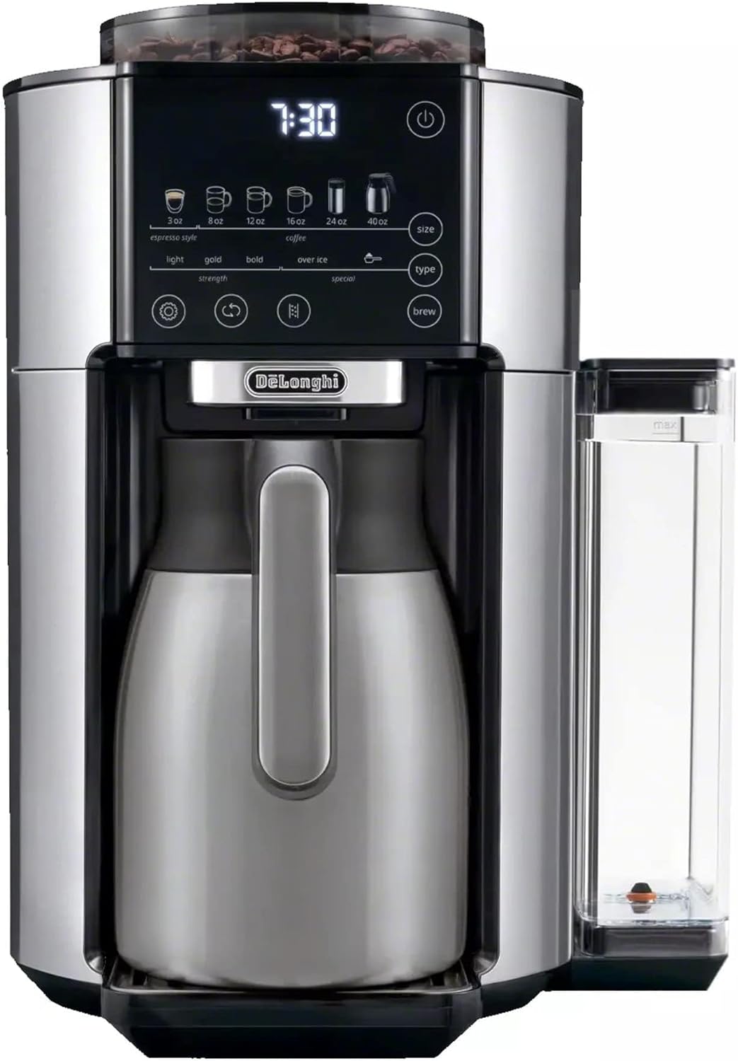 De'Longhi automatic coffee maker with open water reservoir and thermal carafe